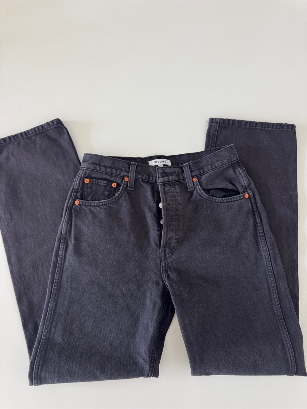 Re/Done Women's Black Straight Jeans with Orange Rivets